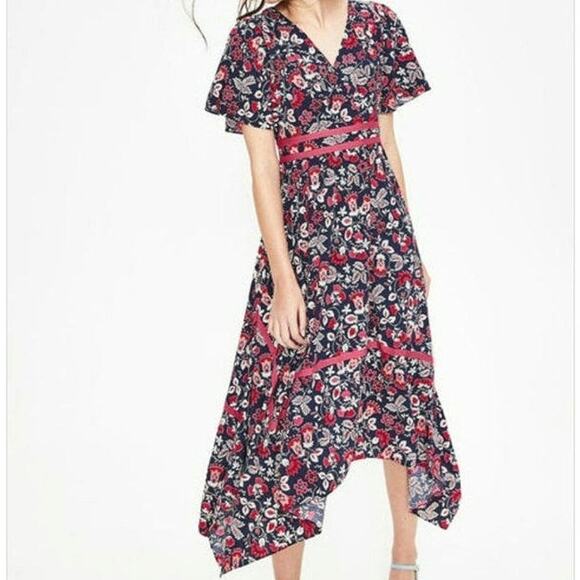 Boden Holly Hanky Hem Floral V Neck Short Sleeve A Line Midi Dress Size 4 - Picture 1 of 16